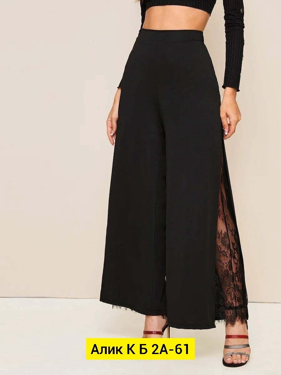 брюки стильные,брюки женские,lace insert split thigh wide leg pants,брюки с кружевом,брюки стиль