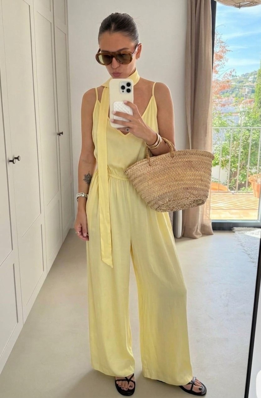 элегантные комбинезоны,желтый комбинезон,yellow jumpsuit,брючный комбинезон,комбинезон с завязками