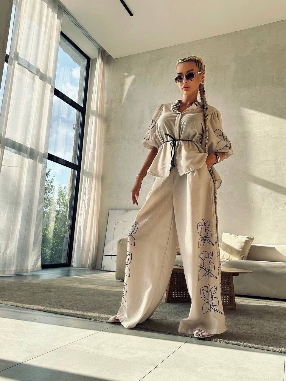 женский льняной костюм zimmerman premium - beige,костюм zimmermann из льна,льняной костюм женский,льняной костюм женский с брюками и принтом,костюм zimmermann