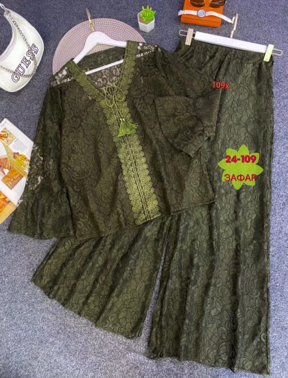 женский комплект из топа,летние костюмы,брючный костюм с кружевным,кружевной костюм