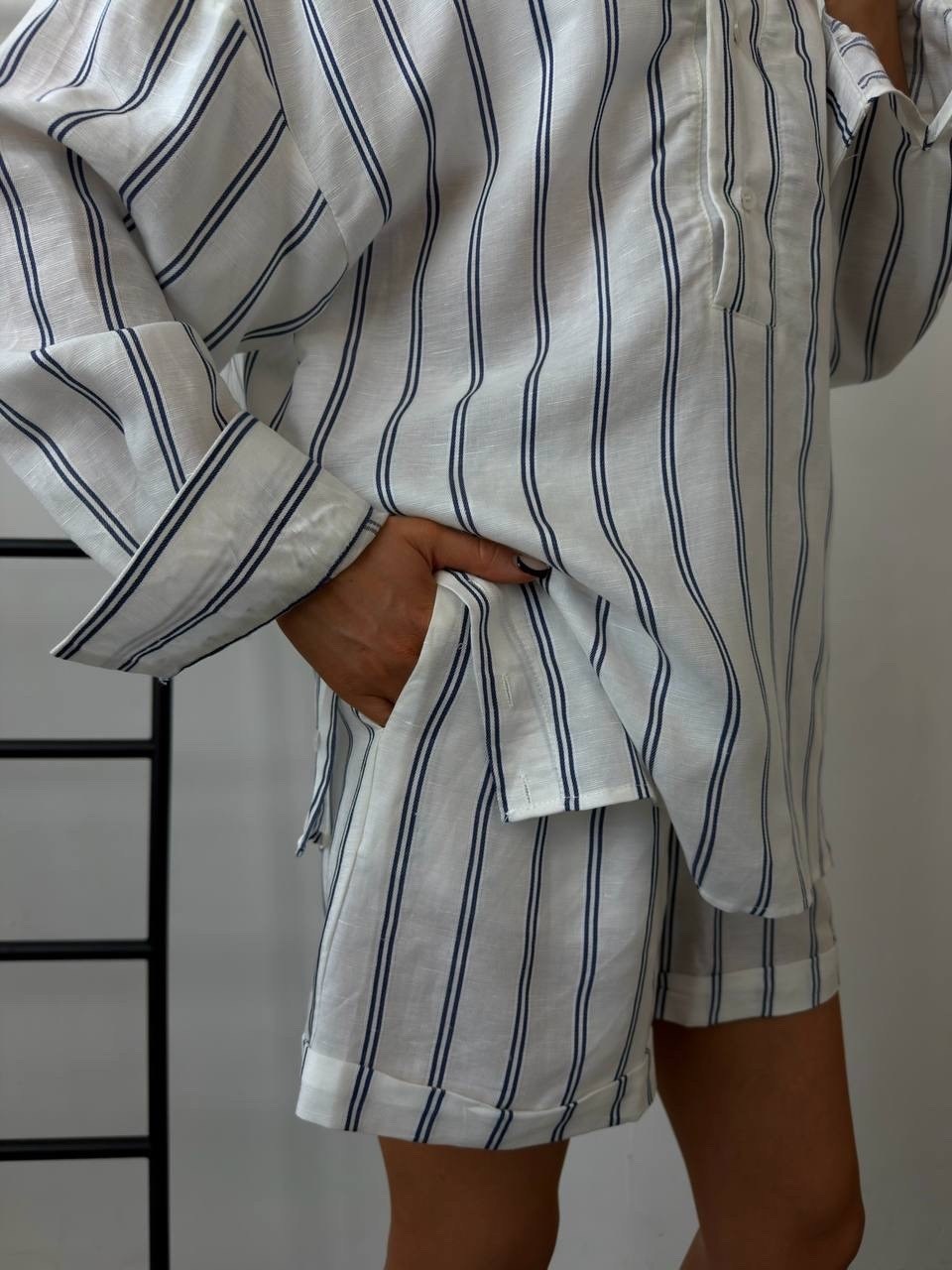 костюм летний с шортами рубашкой льняной в полоску из льна betrendy wear,костюм в полоску,костюм в полоску женский,пижама в полоску
