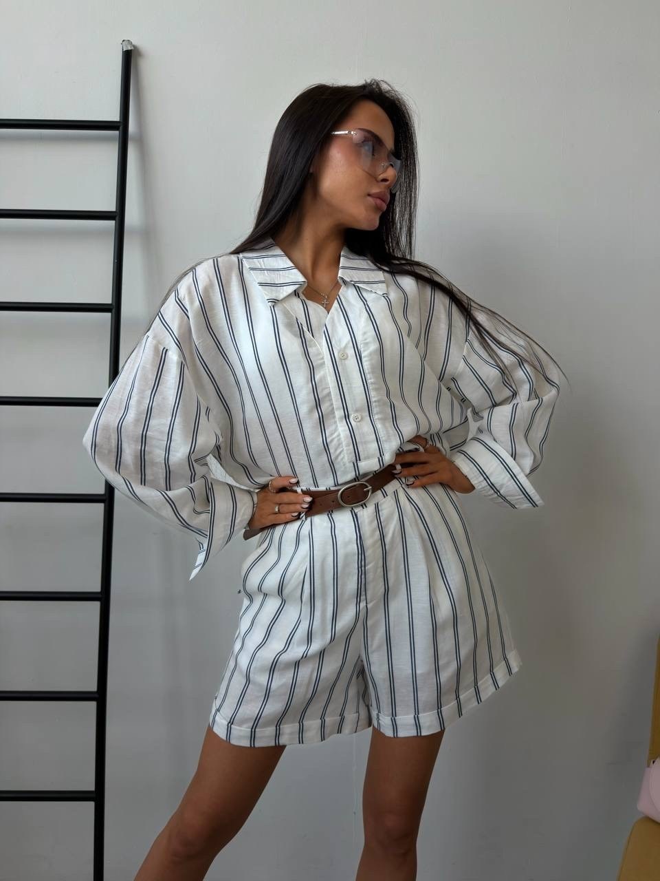 костюм летний с шортами рубашкой льняной в полоску из льна betrendy wear,костюм в полоску,костюм в полоску женский,пижама в полоску