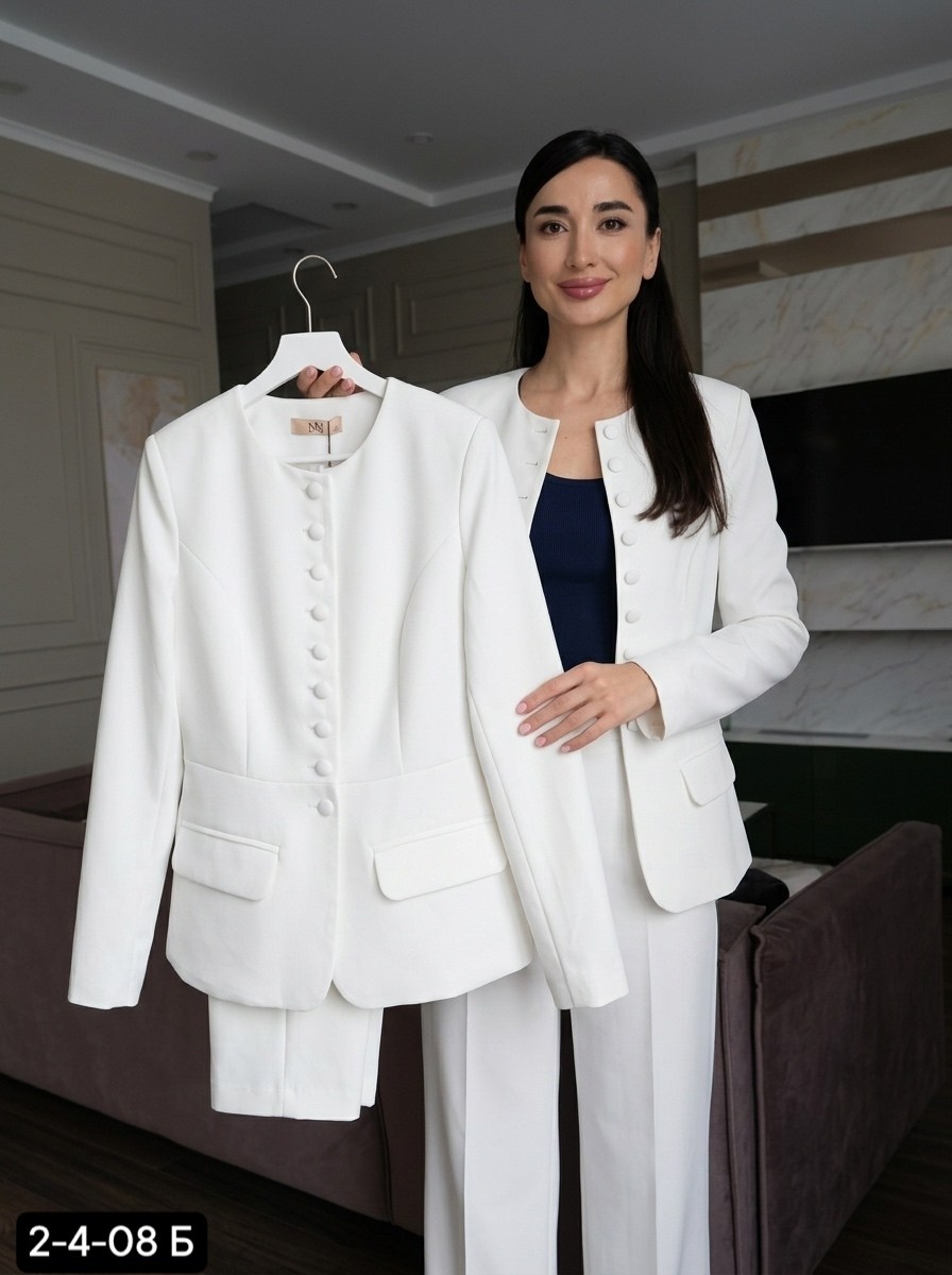 костюм dilana vip арт. 1993 белый,костюм брючный 1993 белый dilanavip,брючный костюм dilana vip 1993 белый,женский брючный костюм,деловой костюм жакет жилет и брюки с выкройкой палаццо dilana vip 1993