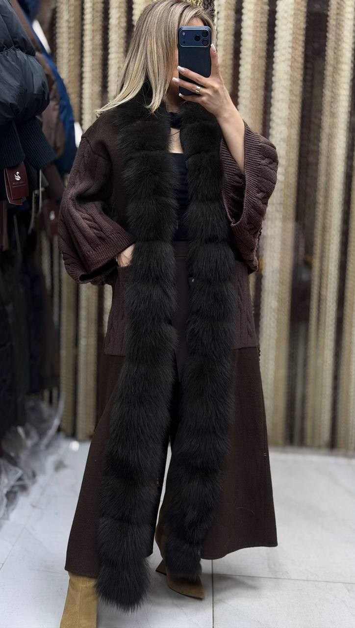 коричневый кардиган с мехом песца yana kraft brand,кардиган с мехом,кардиган с песцом,пальто с мехом,пальто меховое