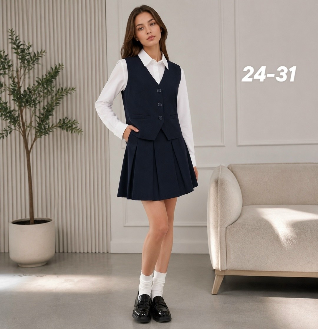 школьный костюм двойка с юбкой и жилетом sheng yuan fashion,жилет школьный для девочки модный,костюм юбка с жилеткой школьный синий,жилет и юбка школьные,жилет maxline школьный костюмный для девочки